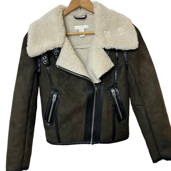 H&M Sherpa Fuax Suede Moto BIker Jacket Olive Green Zip Up Womens 2 - Picture 9 of 9